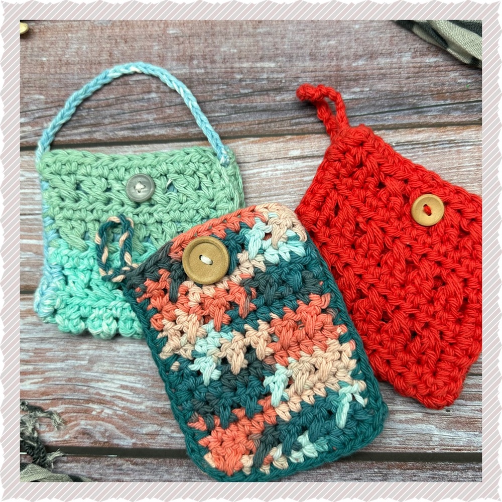 Set of 3 Handmade Small Cotton Crochet Button Hanging Bags New